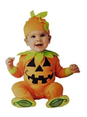 Infant 0 to 6 Months Pumpkin Jack-O-Lantern Jumpsuit and Cap Halloween Costume